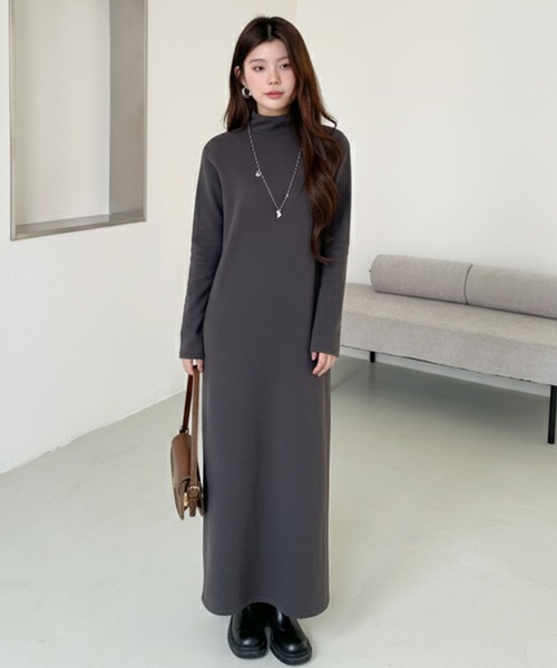 ワンピース 「選べる着丈」裏起毛 タートルネックマキシワンピース
