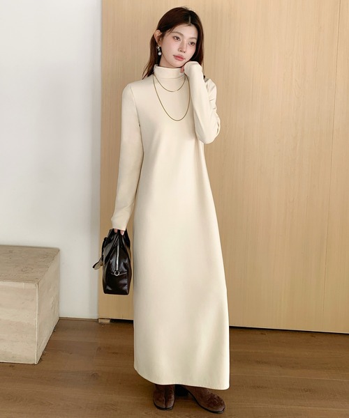 ワンピース 「選べる着丈」裏起毛タートルネックマキシワンピース