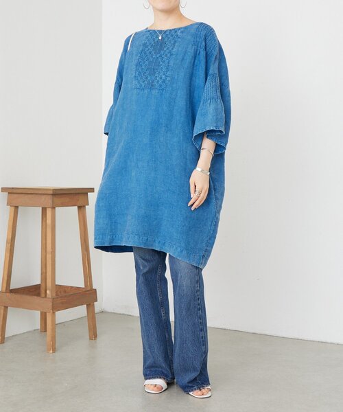 beardsley ビアズリー  リネン  ブルー　ロング　シャツ　ワンピ BEARDSLEY（ビアズリー） ワンピース ウォッシュドリネンワンピース