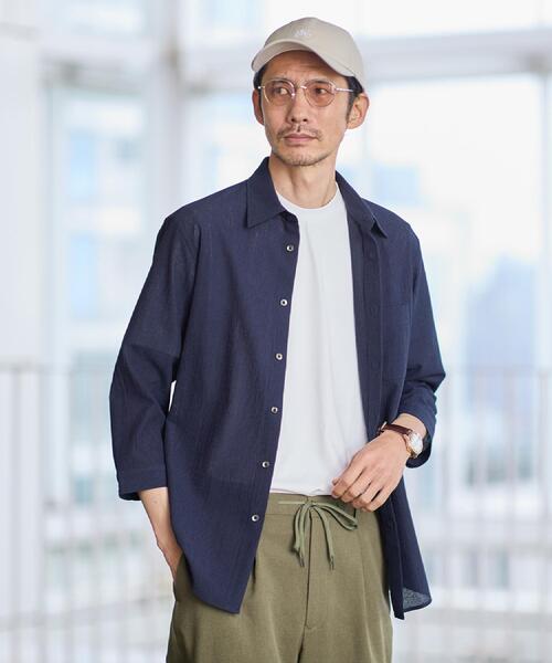 シャツ 「通気性」トリコットサッカー 7分袖シャツ メンズの画像