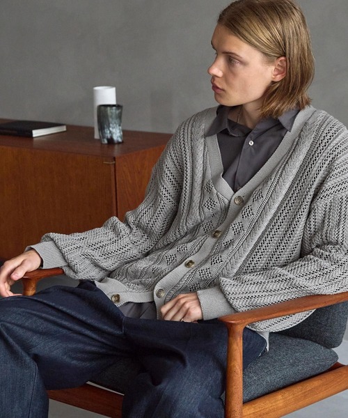 Emma knit flare cardigan set グレー EMMA CLOTHES（エマクローズ） カーディガン メッシュ編みケーブル