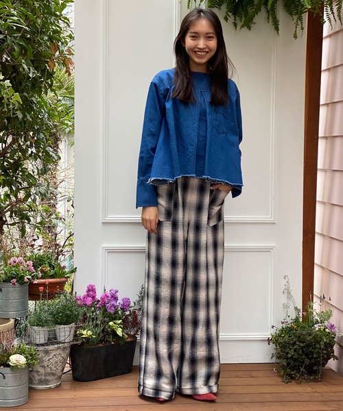 AVIE チェックダブルボタンワイドパンツ AVIE パンツ ロービングチェックワイドパンツ レディース