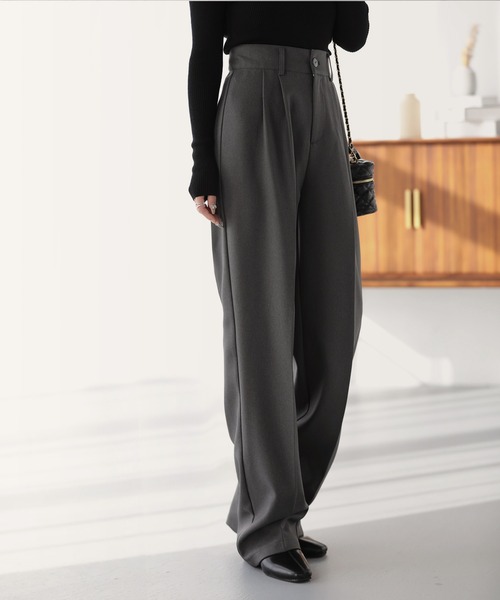 スラックス パンツ ハイウエストウールライクカラータックスラックス