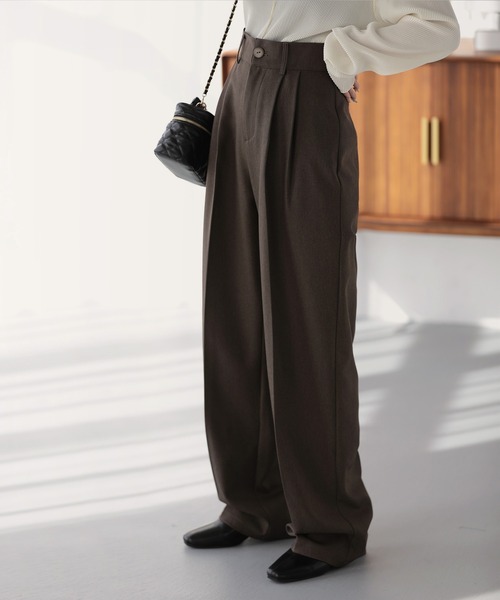 スラックス パンツ ハイウエストウールライクカラータックスラックス