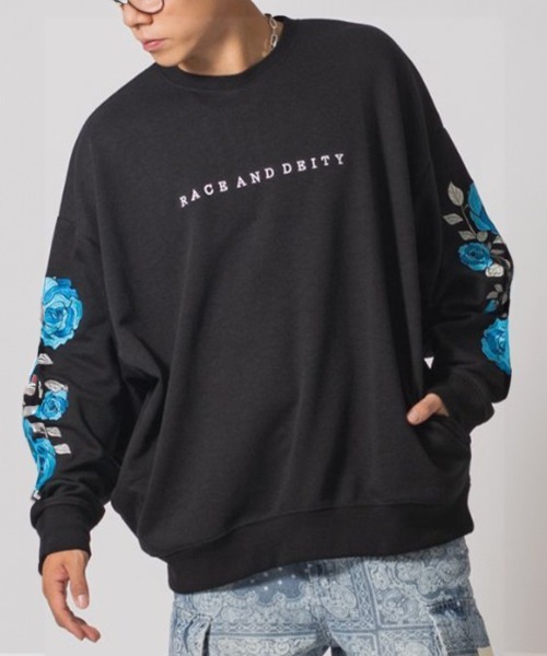 MARRY ME 刺繍トレーナー 黒 RE730 トレーナー スウェット 「RE730」ローズ刺繍ワイドトレーナー
