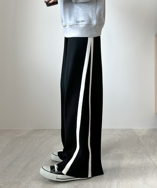 familiar ◆ニットパンツ 90cm 黒×アイボリー 2色セット Futier Land パンツ ライン配色ワイドニットパンツ レディース