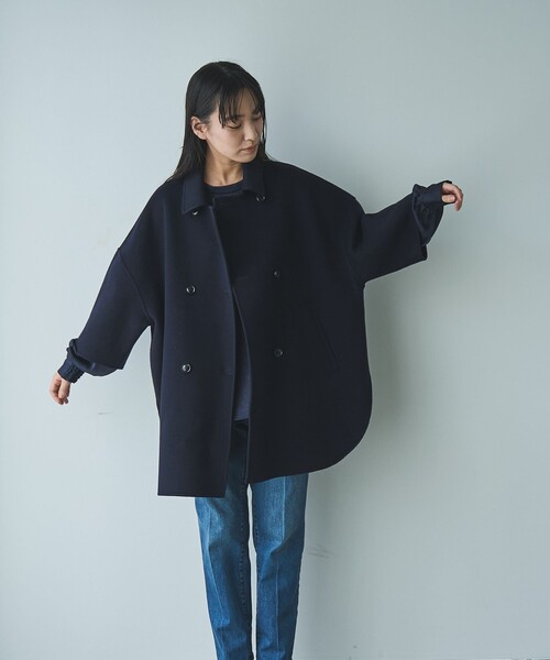 【美品】ウールリバーコート 濃紺×黒 サイズ2 RONEL ピーコート pコート ウールミックスリバーコート レディース