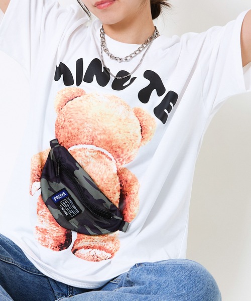 tシャツ 「立体BAG×くまプリント」レディース 半袖Tシャツ オーバー