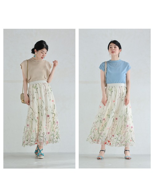 cawaii スカート 一面に広がる花刺繍チュールミディアムスカート