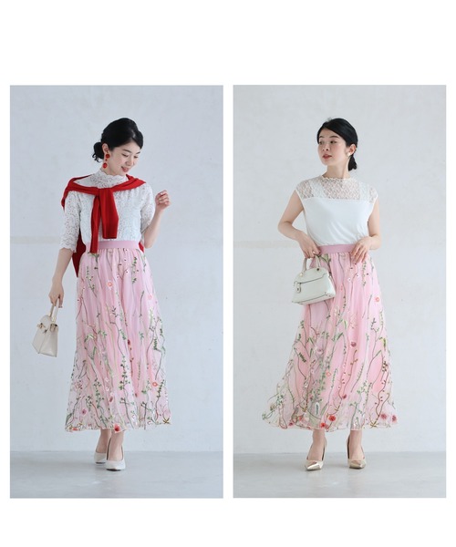 cawaii スカート 一面に広がる花刺繍チュールミディアムスカート