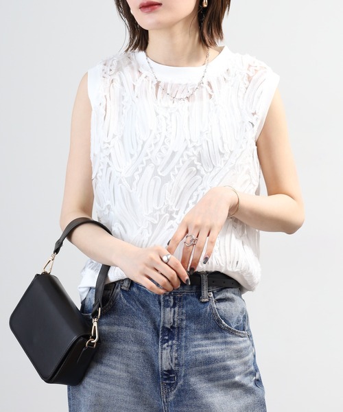 希少　立体デザイン　アンナモリナーリ　ブルマリン　トップス　半袖　レディース tシャツ BRODIAEA 「アンサンブル対応」立体レースシアーノースリーブ