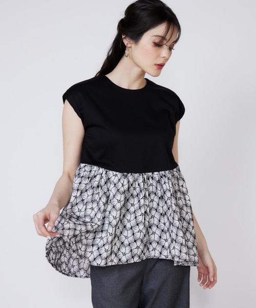 tシャツ 刺繍レースドッキングカットソー レディース