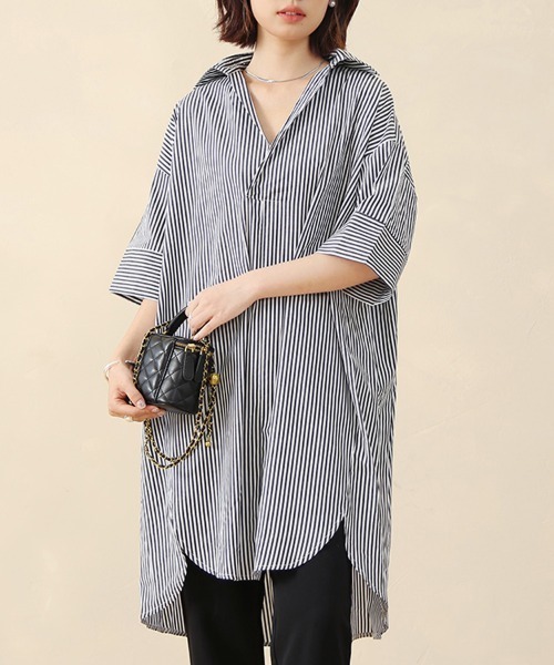 ブラウス シャツ ストライプロングシャツワンピース レディース