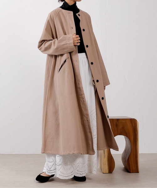 emesuelee ノーカラーコート コート ツイルバンドカラーロングコート