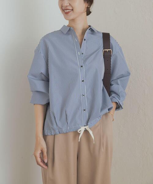 【送料無料】『裾ドロストストライプシャツ×サイドライン入り接触冷感カーブパンツコーデ2点SET』【メール便不可】【40】[2点コーデセット 2025 レディース シャツ フレンチスリーブ カーブパンツ ロング ボトムス] URBAN RESEARCH DOORS（アーバンリサーチドアーズ） ブラウス シャツ
