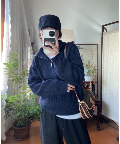 ニット セーター ハーフジップオーバールーズニット レディース