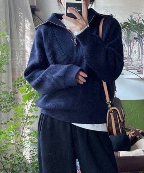 ニット セーター ハーフジップオーバールーズニット レディース