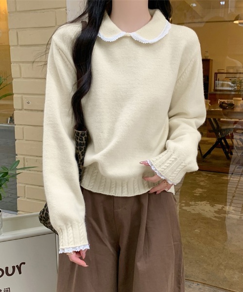 ReRe ニット セーター レース襟付きニットトップス レディース