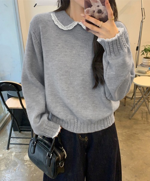 ReRe ニット セーター レース襟付きニットトップス レディース