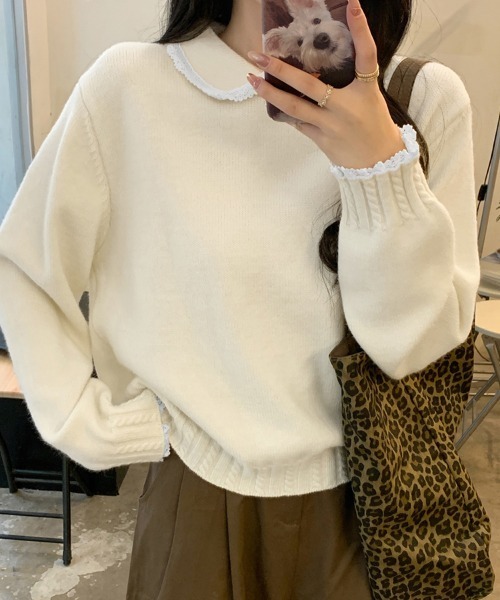 ReRe ニット セーター レース襟付きニットトップス レディース