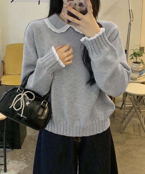 ReRe ニット セーター レース襟付きニットトップス レディース