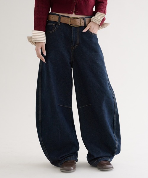 ジーンズ デニム デニムパンツ stitch curve pants / ステッチカーブパンツ レディース メンズの画像