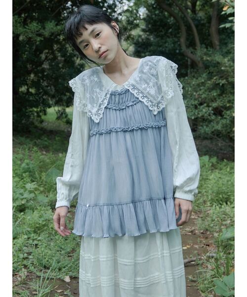 ハンドメイド作家キマグレナジョージ ギャザー切替パフ袖チュニック　ベージュ merry jenny（メリージェニー） チュニック シアーギャザーチュニック
