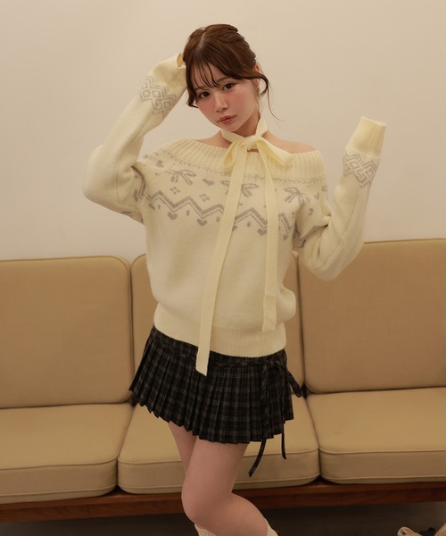 isook yarn ribbon ニットセーター M DOLLY ニット セーター choker ribbon jacquard lino tops