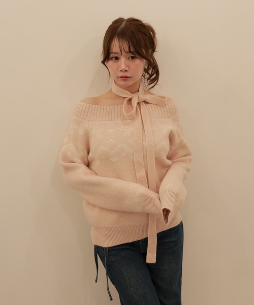 isook yarn ribbon ニットセーター M DOLLY ニット セーター choker ribbon jacquard lino tops