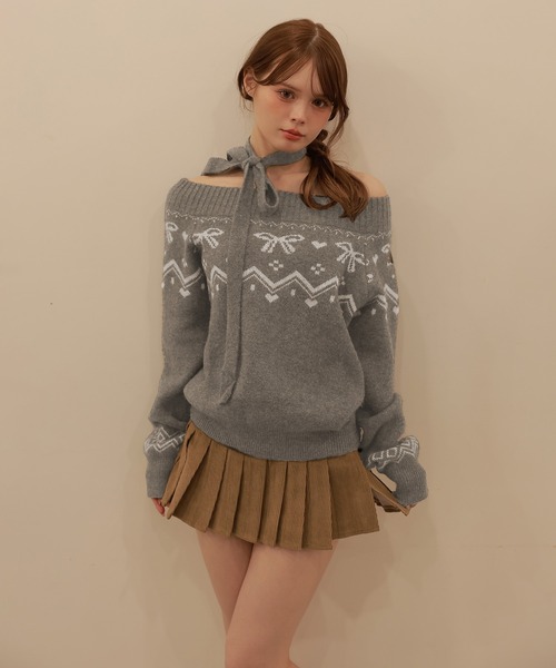 M DOLLY ニット セーター choker ribbon jacquard lino tops