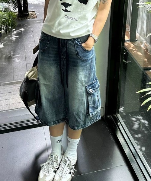 「FreeZone」 デニムハーフパンツ L ブルー メンズ_画像5