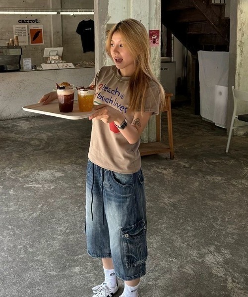 「FreeZone」 デニムハーフパンツ L ブルー メンズ_画像6