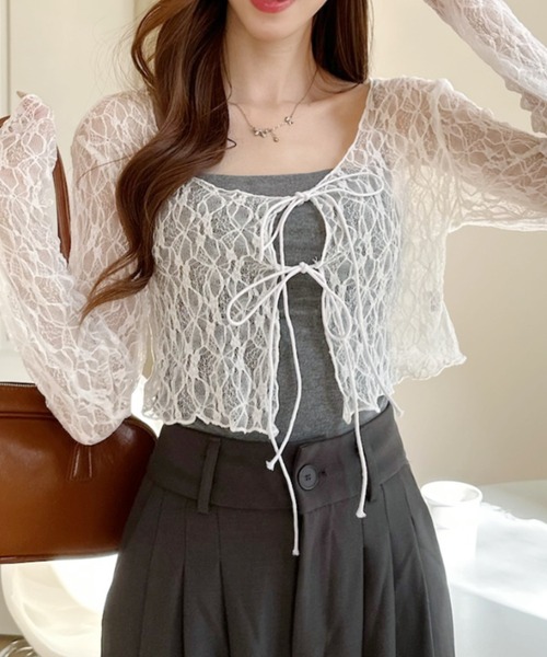 Ada. ブラウス シャツ ボレロ風 総レース リボン ショート トップス