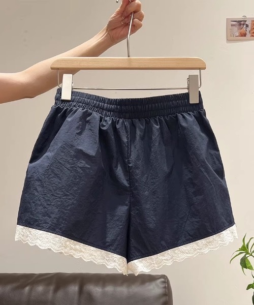 パンツ サイドラインデザインレース付きナイロンショートパンツ