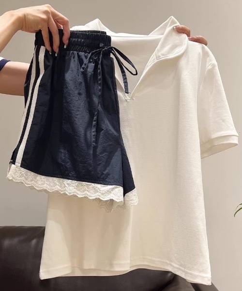 パンツ サイドラインデザインレース付きナイロンショートパンツ