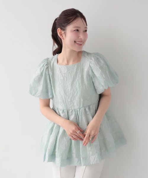 fitmoreシアーフラワー袖バルーントップス　グリーン Fit more（フィットモア） シアーフラワー袖バルーントップス