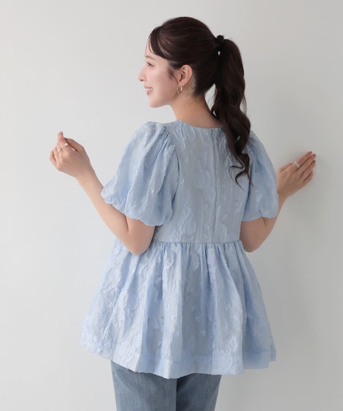 fitmoreシアーフラワー袖バルーントップス　グリーン Fit more（フィットモア） シアーフラワー袖バルーントップス
