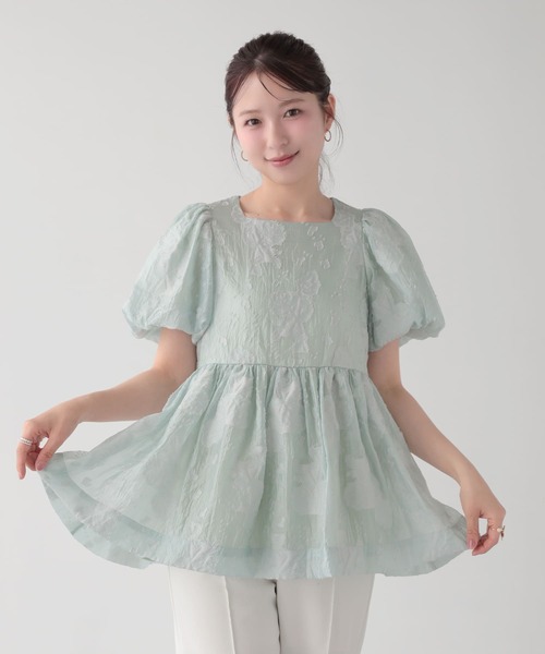 fitmoreシアーフラワー袖バルーントップス　グリーン Fit more（フィットモア） シアーフラワー袖バルーントップス