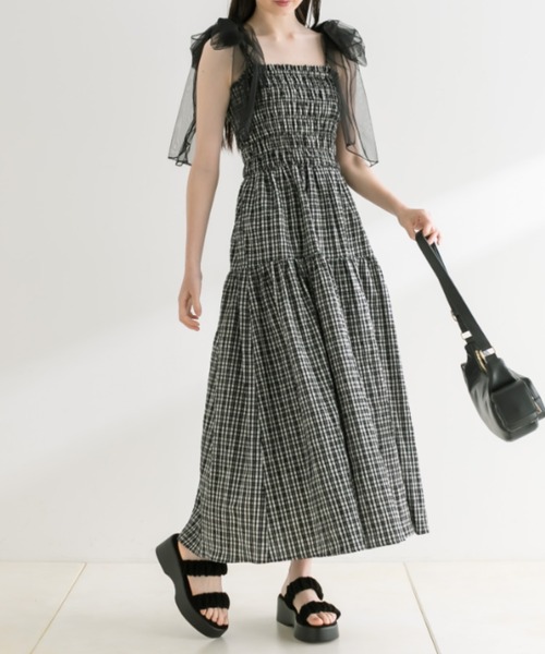 OLIVE des ワンピース チュールリボン付きシャーリングキャミ