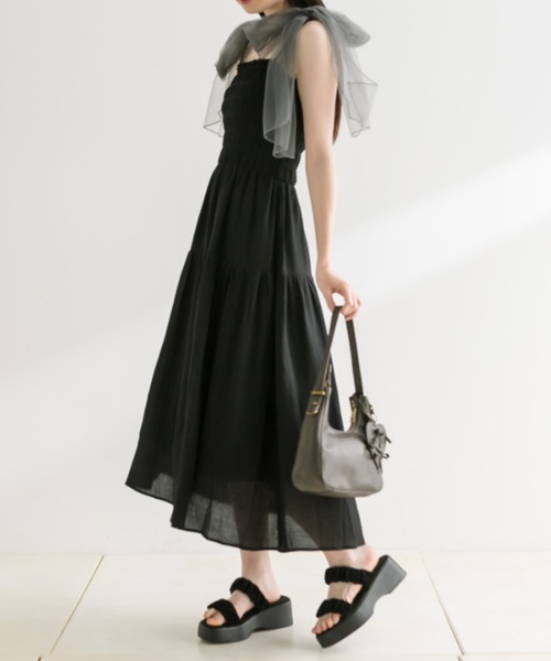 OLIVE des ワンピース チュールリボン付きシャーリングキャミ