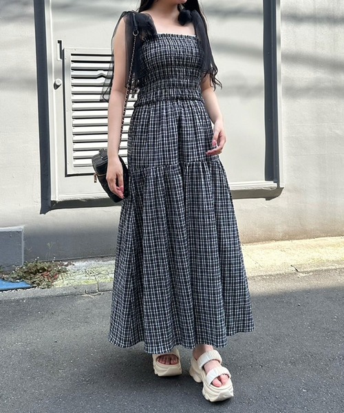 OLIVE des ワンピース チュールリボン付きシャーリングキャミ