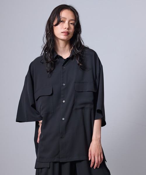 ビックシルエット　シャツ　ハイネック　サイドプリーツスカート　セットアップ　春夏 cjfj95484-01.jpg