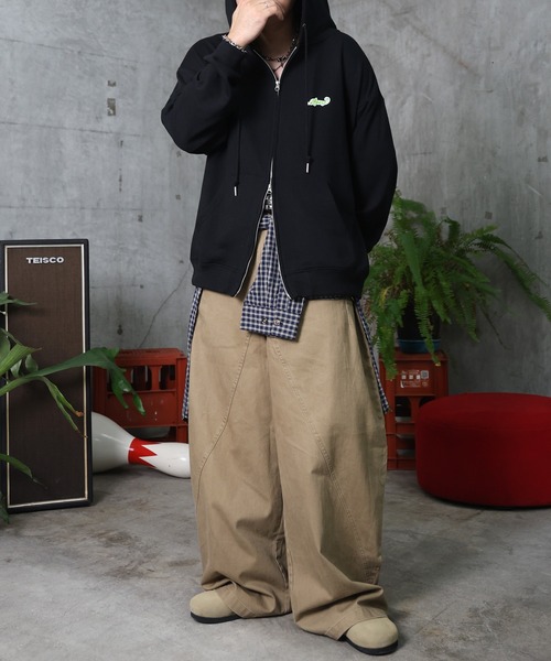 Labordi パーカー ワンポイントロゴ刺繍 ビッグシルエット ダブル