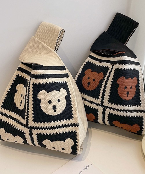 VIBGYOR ハンドバッグ FReePLACe/くま リボン柄ニットバッグ 12302