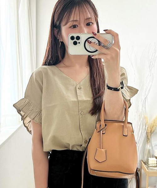 ブラウス シャツ 涼しげ素材のラッフルスリーブVネックブラウス