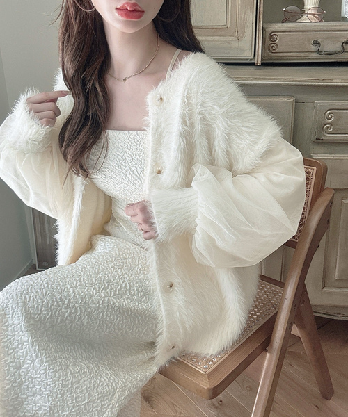 「Meiru」 ニットカーディガン MEDIUM アイボリー レディース_画像2