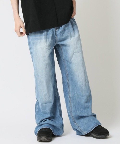 ジーンズ メンズ ウオッシュデニム ワイドレッグ ストレート 3色 ワンフォークロージング 1111clothing デニムパンツ メンズ