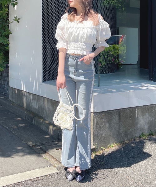 one way ブラウス シャツ レースシャーリングオフショルブラウス