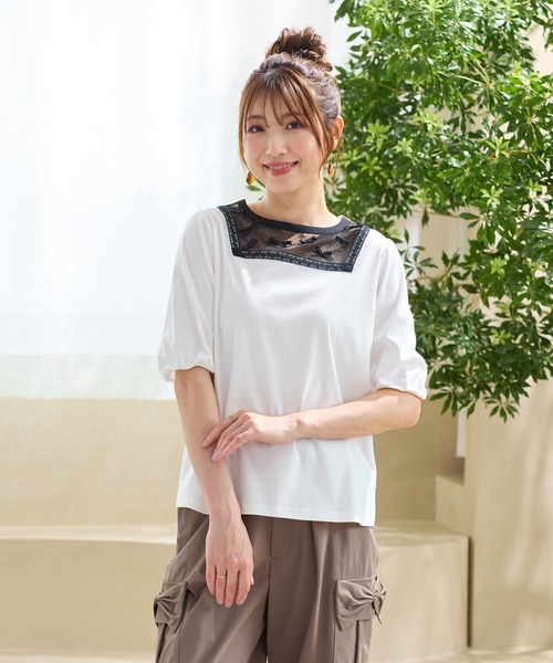tシャツ 「人気アイテム/接触冷感/手洗い可」ドットチュール切替カットソー レディース