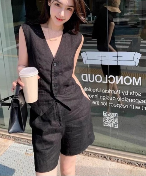セットアップ ベスト ショートパンツ ノースリーブ ミニ S/2XL セットアップ V ネック ボタン ノースリーブベスト ショート
